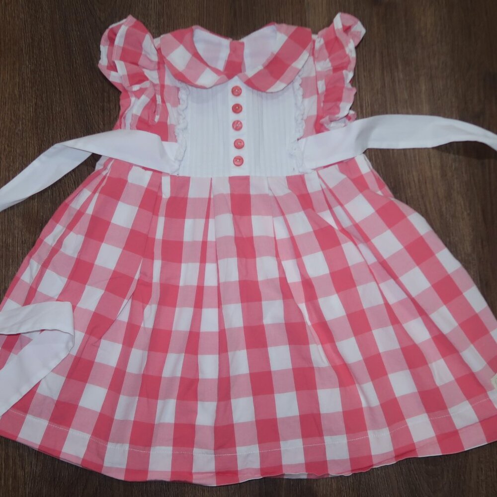 Girls Rosa Flamenco Coral Pink White Gingham Molly Dress Pleated Lace Trim 3/4
